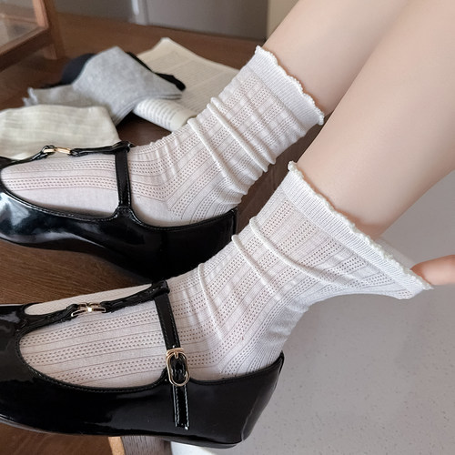 DODOYO 白色木耳边镂空网眼袜子女春夏季薄款棉堆堆袜百搭少女风