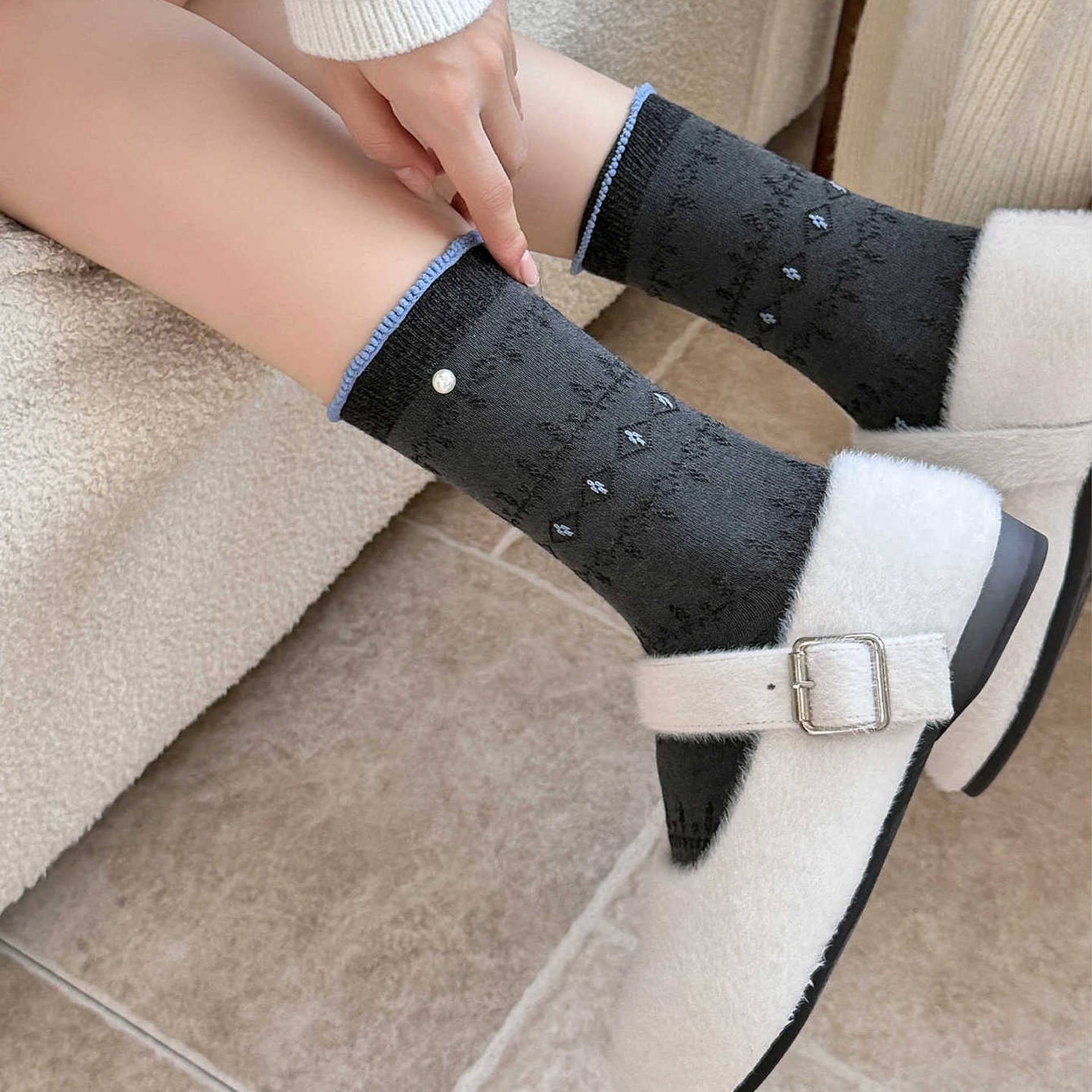 灰色撞色韩系中筒袜子女秋冬新款