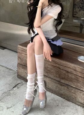 白色蝴蝶结芭蕾风袜套女春夏季MIU系冰丝甜美风中筒堆堆袜小腿套