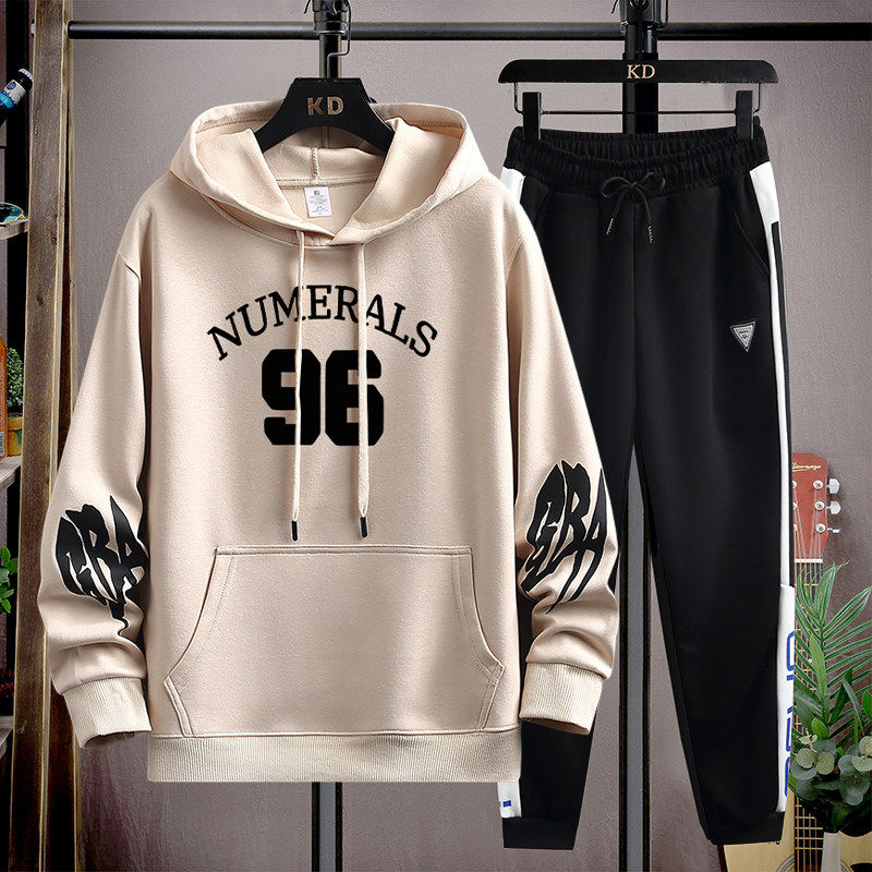 连帽卫衣男潮流印花休闲外套宽松百搭嘻哈风上衣两件套套装青少年