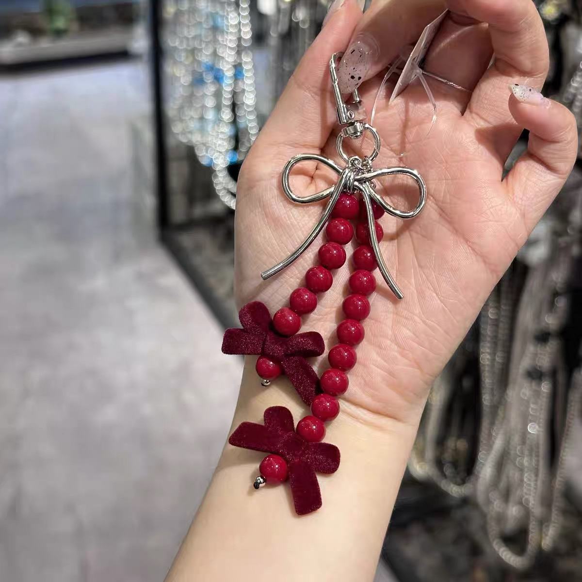 韩国baket串珠丝绒蝴蝶结挂件红色新年红本命年手机链条饰品配饰