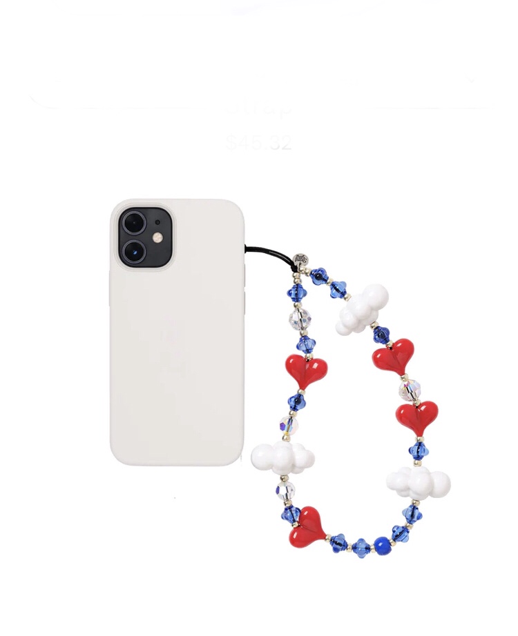 string ting蓝天白云朵爱心蓝色串珠手机链手腕绳短撞色设计