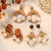 手工草藤编花朵耳钉复古度假风波西米亚海岛沙滩耳环女民族风耳饰