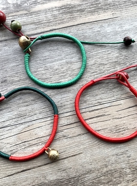 手作复古编织红绳手链陶瓷铃铛