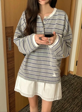 2025年春季新款韩国东大门直邮 hing9领口系扣条纹薄款卫衣