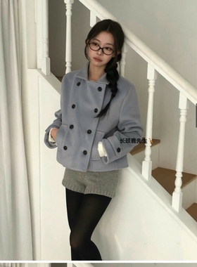 2025年秋冬新款韩国东大门直邮 aver双排扣夹棉短款毛呢外套