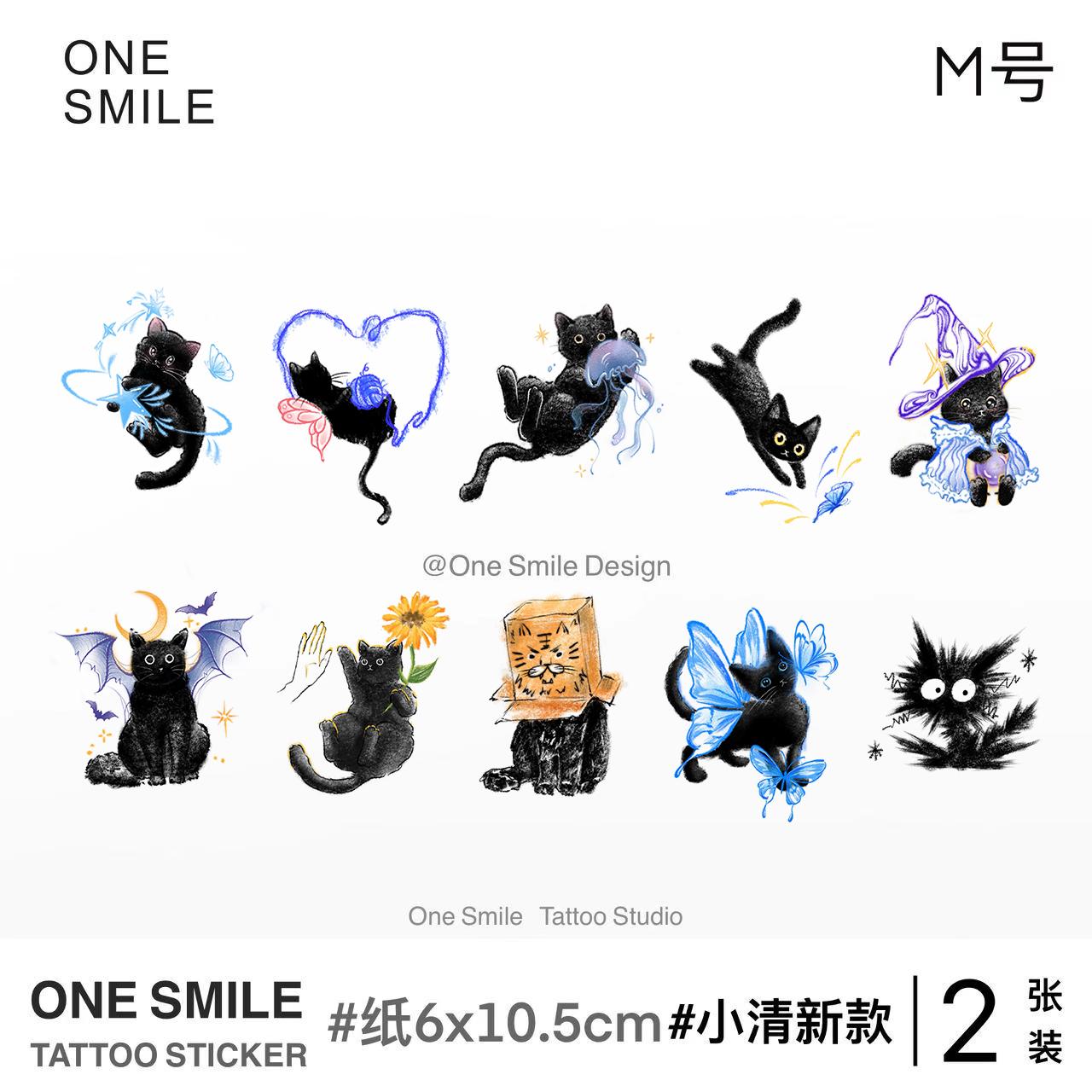 ONESMILE 小黑猫mini 防水持久女卡通猫咪可爱彩色高级创意纹身贴