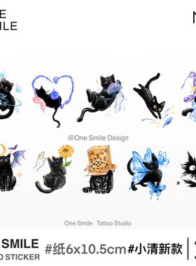 ONESMILE 小黑猫mini 防水持久女卡通猫咪可爱彩色高级创意纹身贴