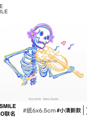 ONESMILE 拉小提琴的骷髅 亚纹身贴防水持久女手臂彩色摇滚音乐