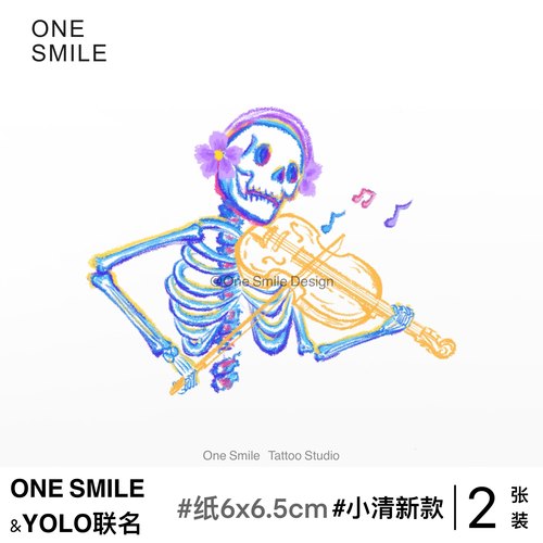 ONESMILE 拉小提琴的骷髅 亚纹身贴防水持久女手臂彩色摇滚音乐