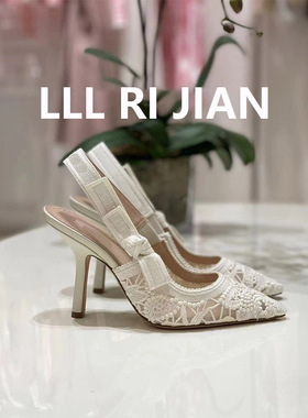 LLL RI JIAN 新款蕾丝刺绣高跟包头凉鞋女中跟猫跟鞋