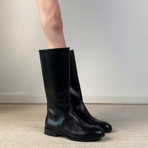 高级版~复古长靴女简约黑色不过膝真皮骑士靴女显瘦遮肉平底靴子