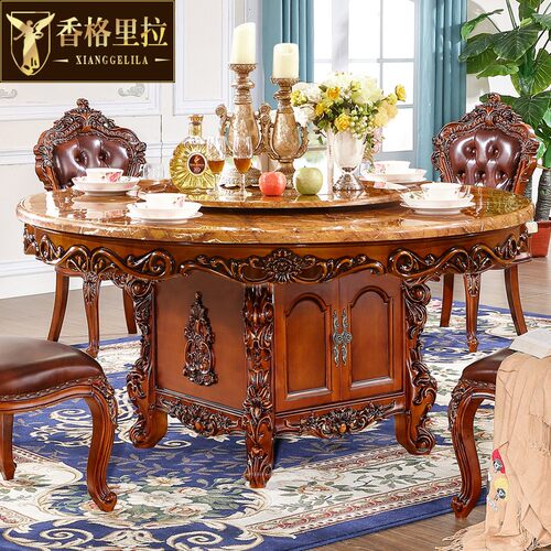 欧式大理石方桌美式别墅餐厅水性漆雕花家用带抽屉储物方形餐桌椅