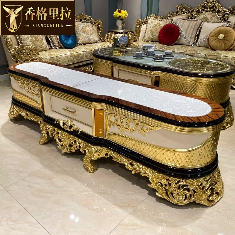 法式宫廷金电视柜欧式大理石实木电视柜茶几组合电视机柜储物地柜