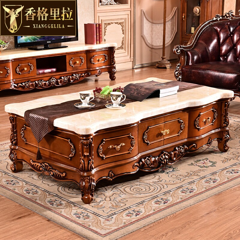 欧式茶几美式奢华客厅整装实木雕花大理石储物茶柜电视柜组合套装