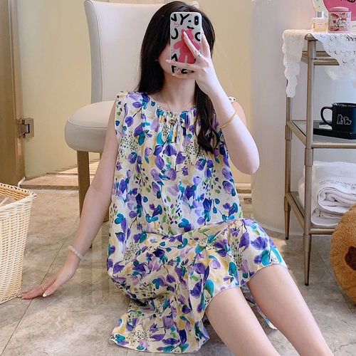 无袖裙子国风大码绵绸睡衣家居服甜美可爱卡通睡裙女棉绸薄款夏季