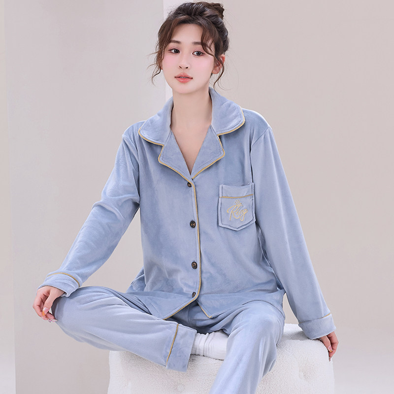 保暖家居服春秋女士长袖开衫海岛绒睡衣秋冬珊瑚绒女款简约可外穿