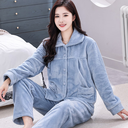 新款加厚保暖珊瑚绒睡衣女秋冬季法兰绒家居服套装可外穿大码加绒