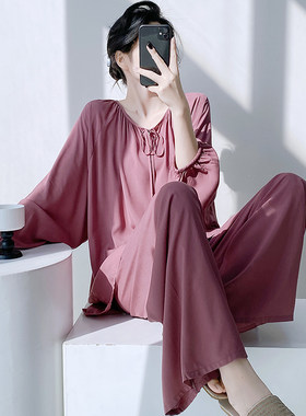 国风睡衣女人造棉绸春秋绵绸家居服夏长袖薄款大码两件套装可外穿