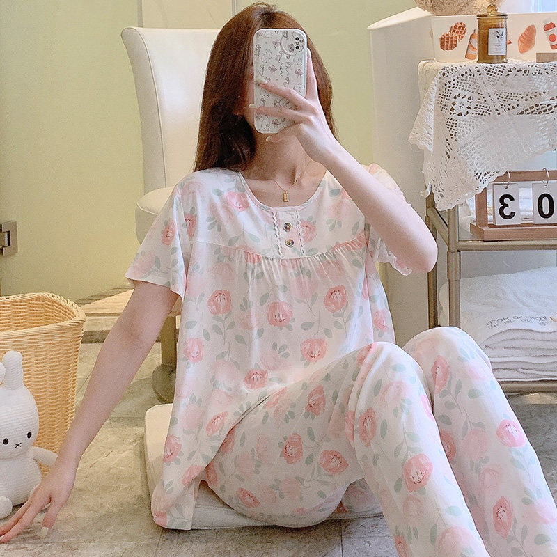 绵绸大码睡衣女夏款短袖长裤棉绸两件套装宽松学生家居服春秋韩版