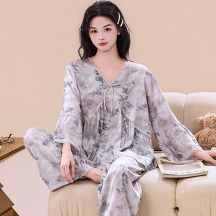 春夏秋季七分袖女士绵绸阔腿裤田园少女风家居服睡衣女人棉绸宽松