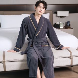 浴袍秋冬季睡袍男珊瑚绒加厚保暖颗粒绒中长款加绒法兰绒睡衣男士