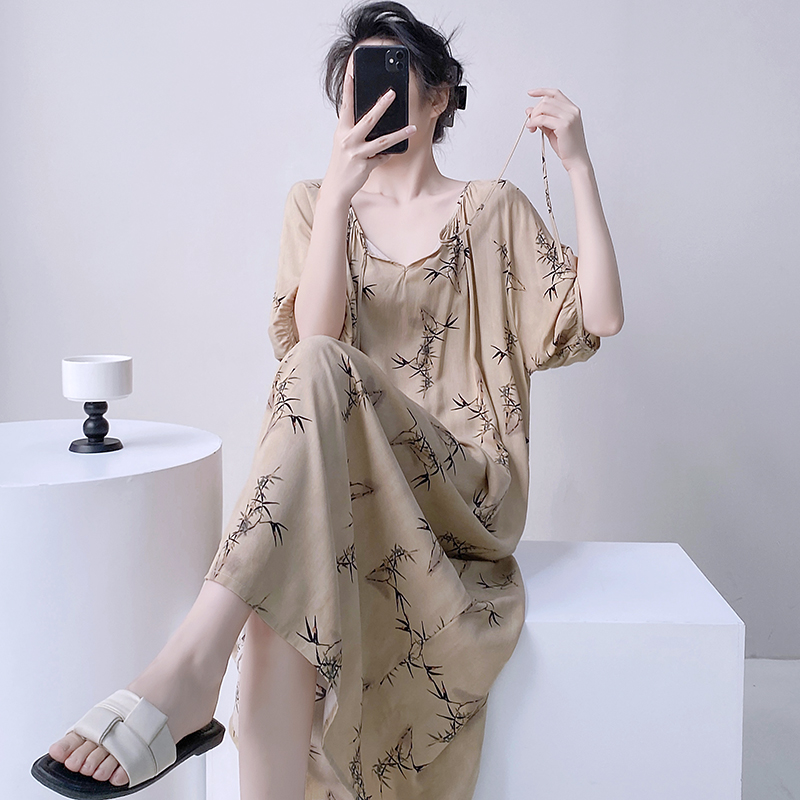 女人造棉绸短袖睡裙薄款春秋可爱甜美连衣裙夏天绵绸睡衣女家居服