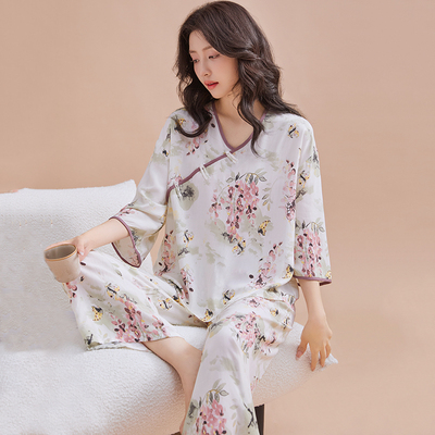 绵绸睡衣女士春秋套装七分袖可外穿家居服夏女人造棉绸新中式国风