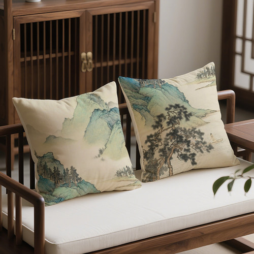 新中式青绿水墨抱枕办公沙发靠垫