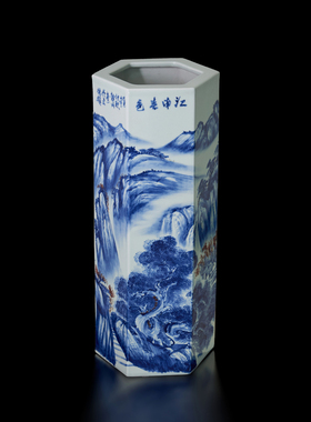 景德镇陶瓷花瓶手绘青花山水纯手工六方镶器书房玄关字画摆件珍藏
