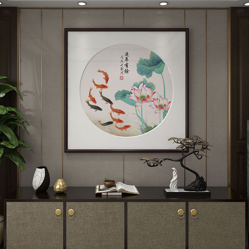 中式餐厅装饰画九鱼图客厅挂画水墨荷花国画年年有鱼玄关过道壁画