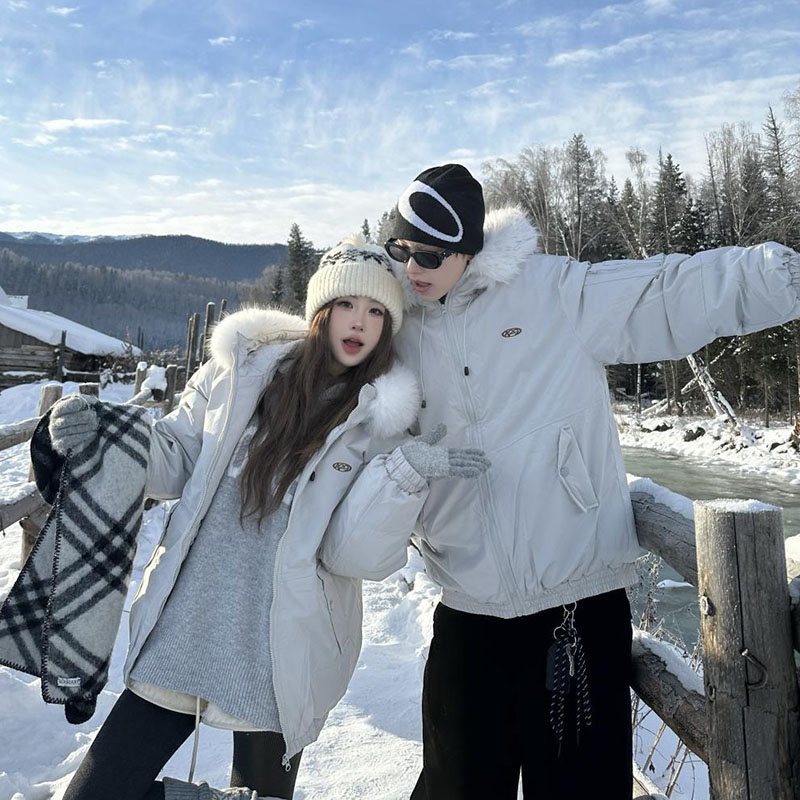 disoo情侣装冬装棉衣2025新款冬季中长款连帽毛领套装加厚外套