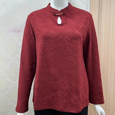 若男佳人65296加绒打底衫中年女装妈妈装国风立领内搭