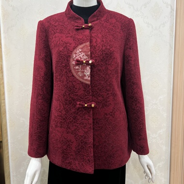 若男佳人65232秋冬新款中老年女装妈妈装国风立领红色外套喜奶奶