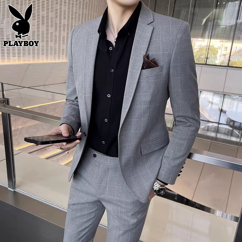 花花公子格子西服套装男士春秋季新款搭配帅气时尚休闲西装一套男