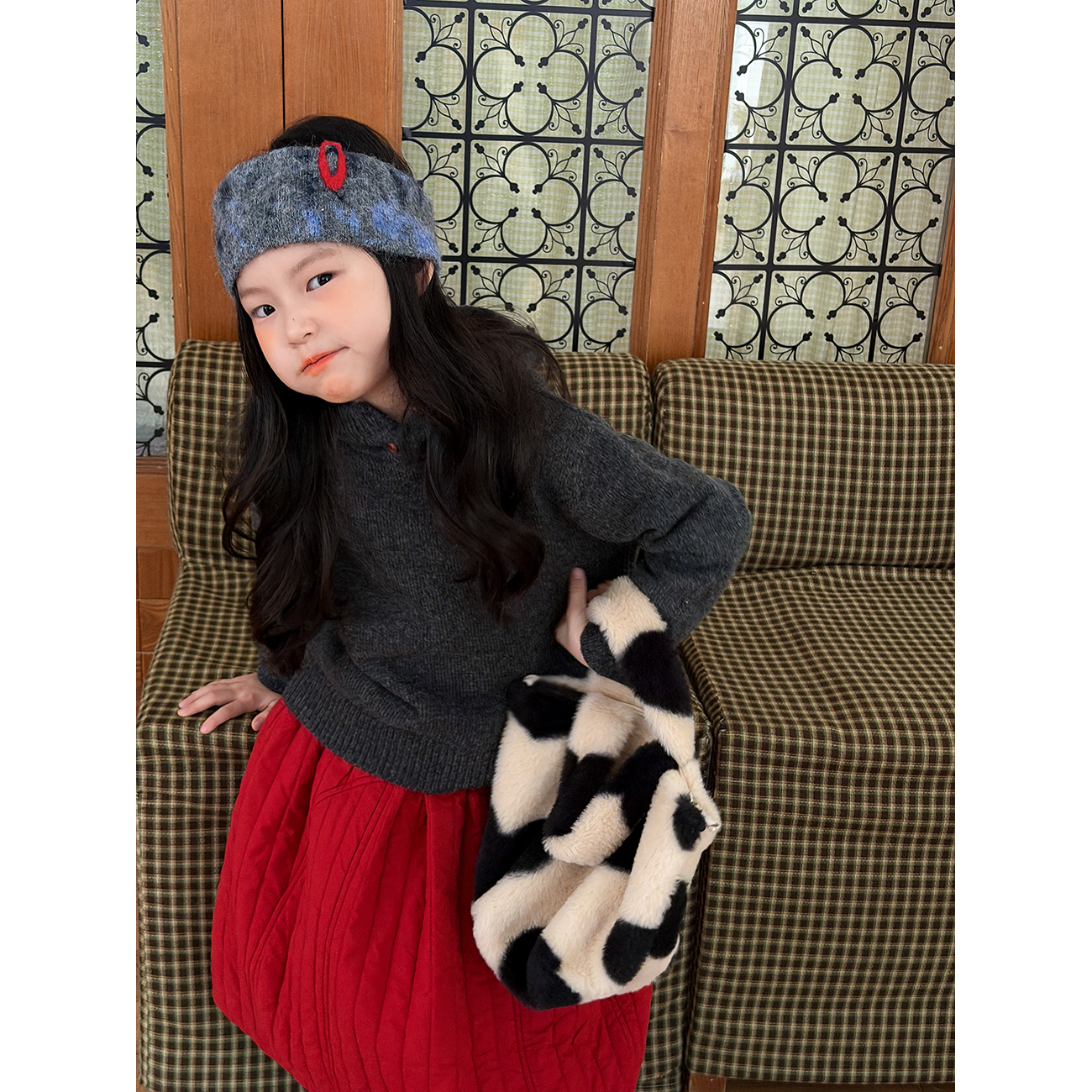 童装连帽针织套头灰色毛衣女童