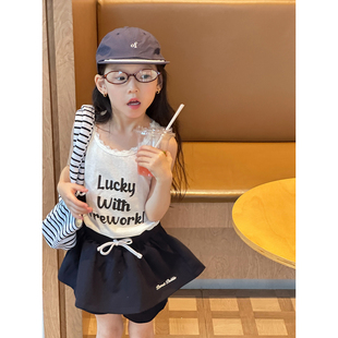 背心甜美百搭字母印花无袖 2025夏季 蕾丝花边无袖 新款 上衣 女童韩版