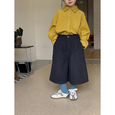 女童格子八分毛呢阔腿裤