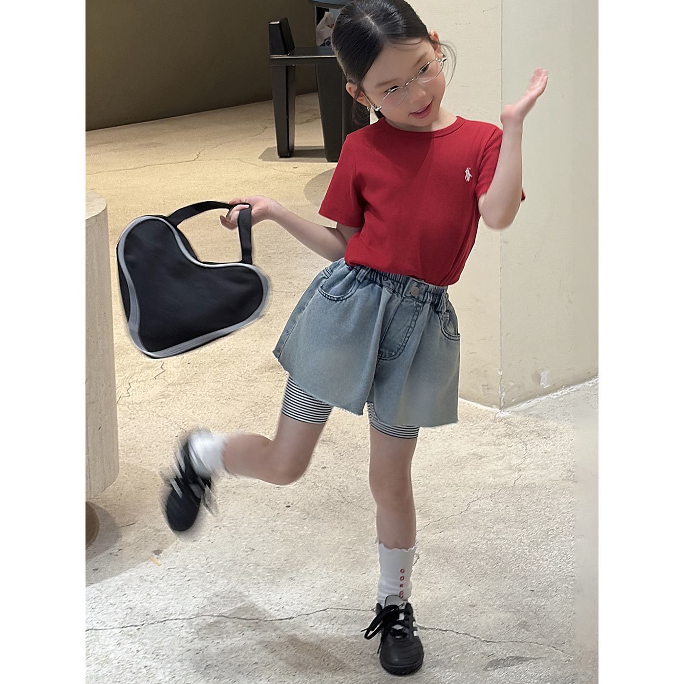 2025新儿童韩版口袋真两件配条纹打底牛仔短裤女童休闲百搭五分裤