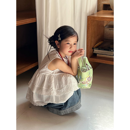 2025夏季韩版女童无袖短裙蕾丝花边拼接蛋糕背心短款中大童连衣裙