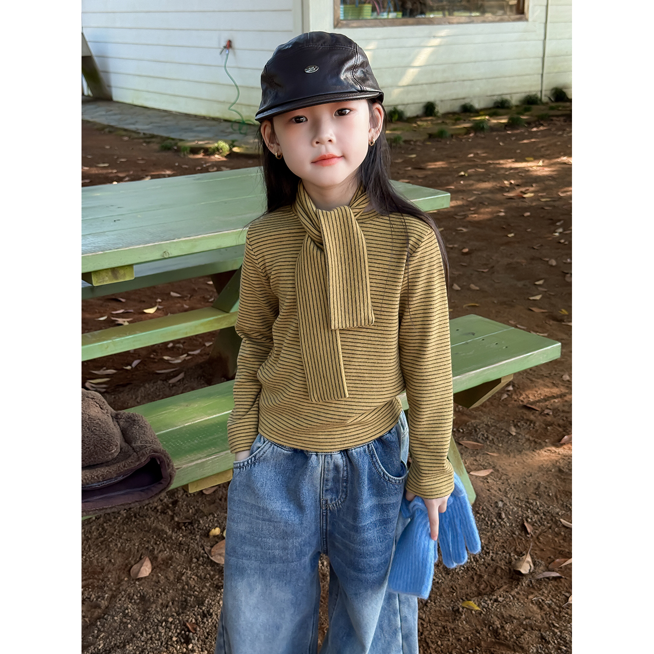 Harper kids 韩版女童港风复古气质条纹长袖T恤配围巾 H25A020927