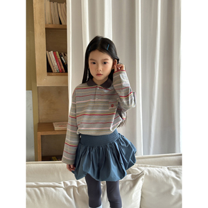 2025秋季新款韩版复古撞色条纹POLO衫口袋设计宽松时尚长袖上衣