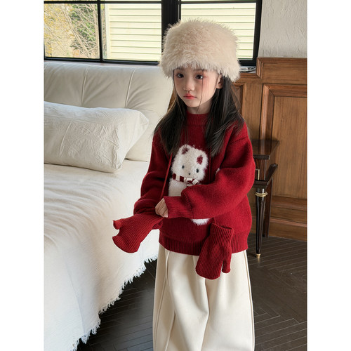 童装猫咪卡通提花红色毛衣女童