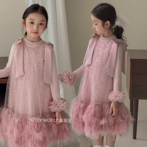 kw家女童粉色羽毛流苏连衣裙秋冬亮片蝴蝶结网纱生日礼服公主裙
