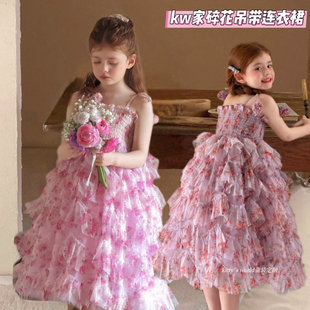 kw家女童碎花吊带连衣裙粉色26夏季度假风蛋糕裙公主风雪纺蓬蓬裙