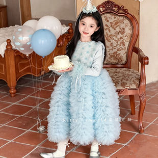 kw家女童蓝色网纱蛋糕裙秋冬背心生日礼服公主连衣裙洋气蓬蓬裙
