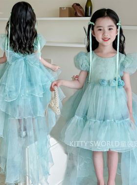kw家女童公主裙大拖尾高端生日礼服儿童泡泡袖蓝色雪纺花朵连衣裙