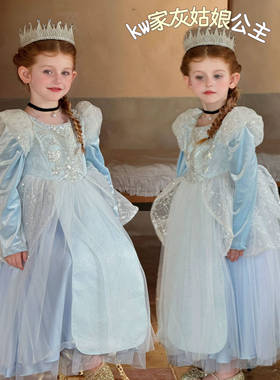 kw家灰姑娘女童公主裙长袖蓝色生日连衣裙网纱蓬蓬秋冬生日礼服裙
