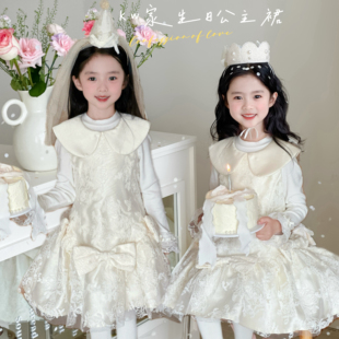 kw家女童白色生日公主裙秋冬蝴蝶结娃娃领背心裙蕾丝礼服裙连衣裙