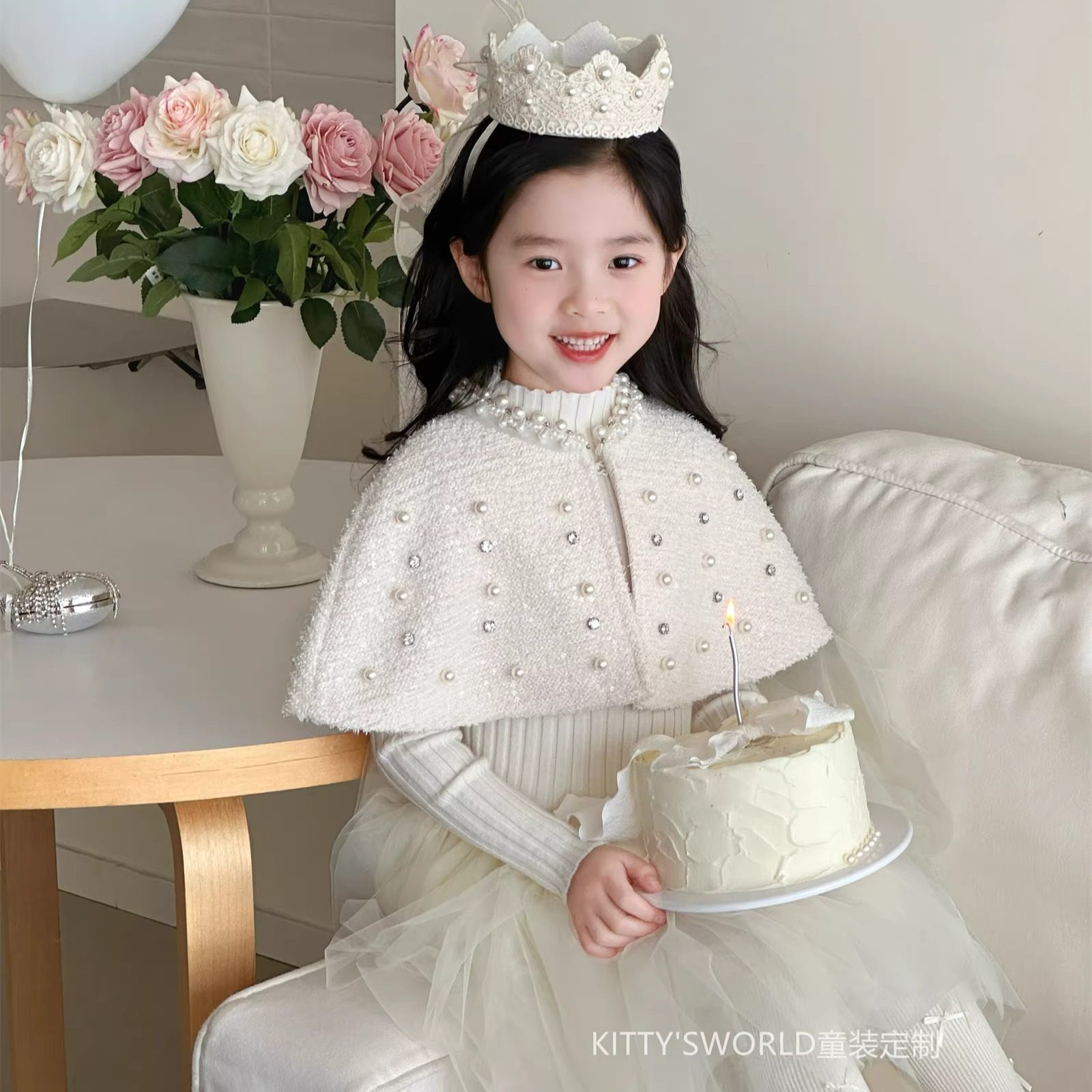 kw女童针织网纱连衣裙高级感钉珠斗篷小香风珍珠两件套生日公主裙,童装/婴儿装/亲子装,连衣裙,淘宝优惠券,粉丝福利购,淘宝优惠卷